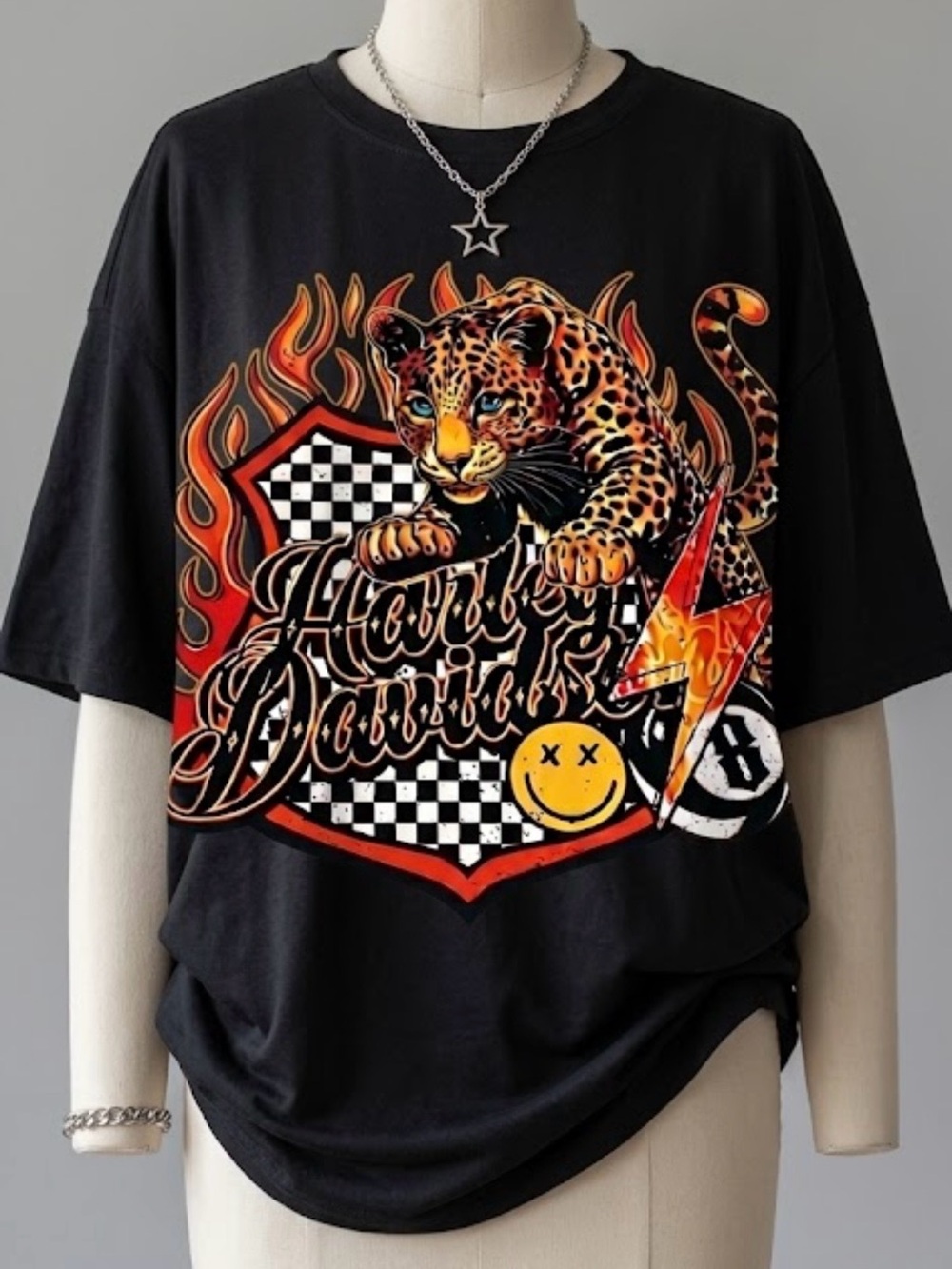 Oversized Y2K Leopard Harley Graphic Tee | Vintage Style Streetwear T-Shirt